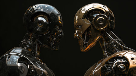 A Cyber Robot Man Physicist And A Common Man Physicist Facing Each Other.の素材