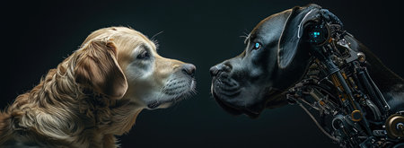 The Dramatic Encounter: A Cyber Robot Dog And A Common Dog Confronting Each Other In A Deep Black Background With Voluminous Lighting And Dramatic Shadows.の素材