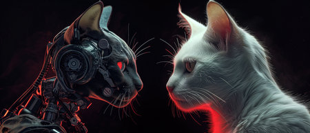 Robotic Feline And Domestic Cat Engage In Intense Face-Off, Enhanced By Eerie Background And Captivating Lighting.の素材