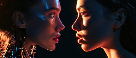 A Contrast Of A Cyber Robot Woman And A Common Woman In A Bold, Dark Setting With Striking Lighting Effects.の素材