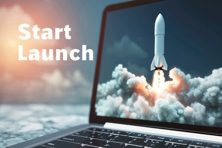 Text Start Launch Laptop Screen Into A Launching Pad For A Rocket.の素材