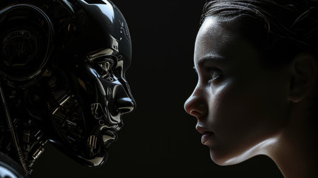 A Cyber Robot Woman Coach And A Common Woman Coach Facing Each Other.の素材