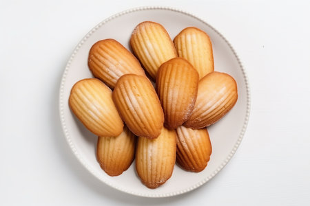 Top View Madeleines On Round Plate On Wihte Backgound.の素材