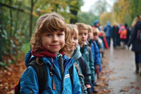 A Long, Serpentine Queue Of Excited Children Ready To Enter The Zoo.の素材