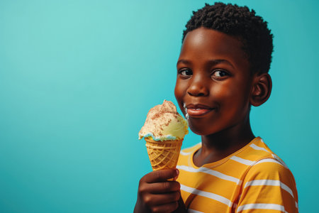 African Boy Eats Ice Cream On Turquoise Background.の素材