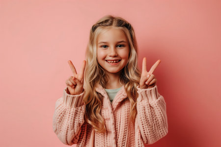 Joyful Young Blonde Girl Expresses Approval With Ok Gesture.の素材