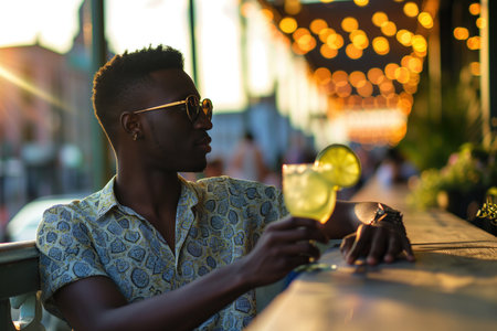African Yearold Man Sipping A Margarita On City Background.の素材