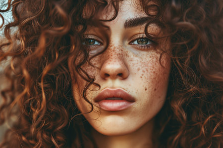 Captivating Vogue-Style Closeup Of A Woman Embracing Her Long, Curly Hair.の素材