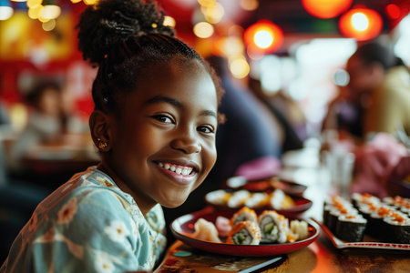 Happiness African Girl Eats Sushi In Diner.の素材