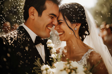Newlyweds Blissfully Photograph Their Wedding Ceremony, Embracing Rice Traditions.の素材