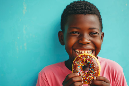 Happiness African Boy Eats Donuts On Turquoise Background.の素材