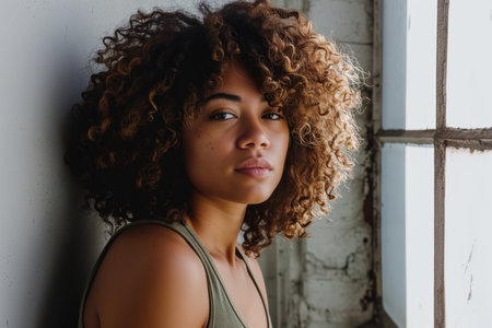 Beautiful Mixed Race Woman With Curly Hair Posing Against Blank Backdrop Young Mixed Race Woman With Curly Hair, Posing Against Blank Wall.の素材