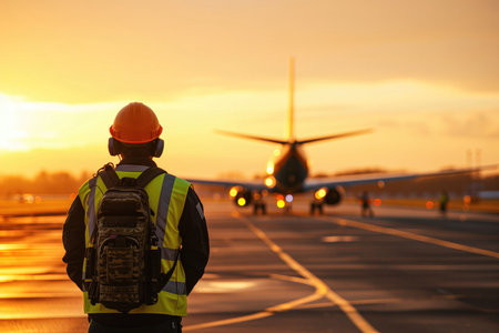 Back View Of An Aviation Marshaller Guiding A Plane To Land.の素材