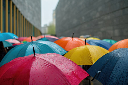 A Vibrant Display Of Umbrellas Held By Museum-Goers Amidst A Rainy Day.の素材