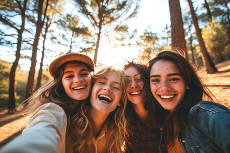 Friends Create Memorable Moments, Capturing Joy In A Selfie Friends Capturing Joy And Togetherness In An Outdoor Selfie.の素材