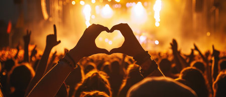 Silhouette Of Hands Shaped Like Hearts In A Crowd At Concert.の素材