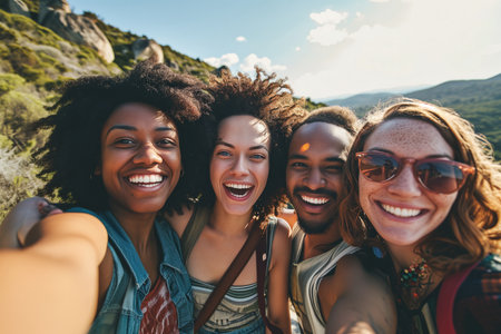 Friends Sharing Laughter And Fun Through A Selfie Outside.の素材