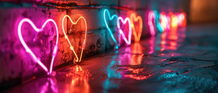 Romantic Neon Sign Design Concept Featuring Hearts, Ideal For Valentines Day.の素材