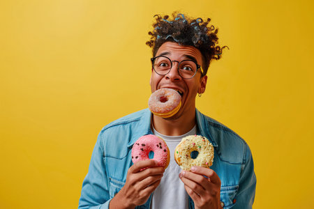 Surprise Yearold Man Eats Donuts On Yellow Background.の素材