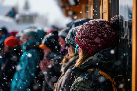 Huddled Masses In Winter Clothing, Waiting For The Doors Of The Ski Resort To Open.の素材