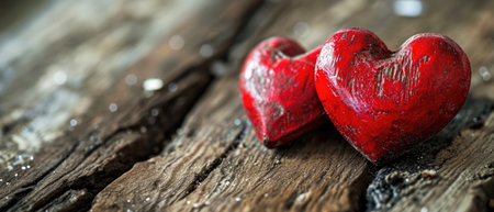 Creating A Romantic Valentine's Day Atmosphere With Two Red Hearts On A Wooden Background.の素材