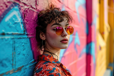 Stylish Woman Poses For A Street Fashion Photo Shoot Vibrant Street Fashion Photoshoot Captures Urban Style And Attitude.の素材