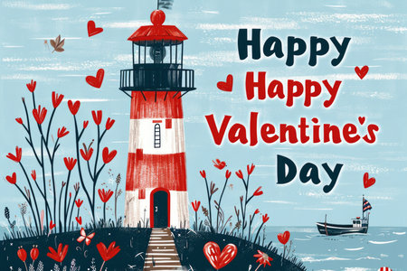 Text In Large Letters Happy Valentines Day On Lighthouse Of Love Beacon Background.の素材