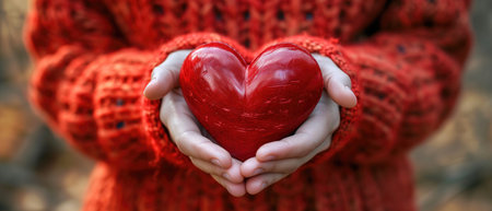 Symbolic Gesture Of Philanthropy, Love, And Care As Woman Holds Red Heart.の素材