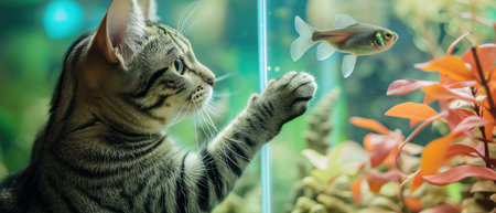 A Curious Cat Playfully Observes A Fish Swimming In A Tank. Ð¡oncept Curious Cat, Fish Tank, Playful Observation, Fascination, Curiosity.の素材