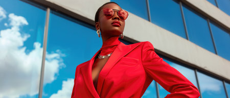 Stylish Young Woman Exudes Confidence In A Bold Red Suit. Ð¡oncept Fashionable Street Style, Edgy Urban Fashion, Bold Statement Pieces, Confident Fashionista.の素材