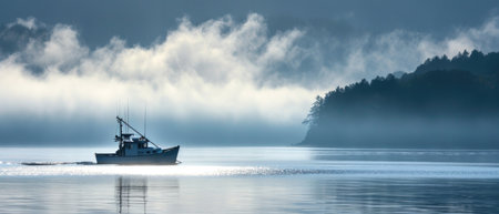 A Peaceful Morning Scene Unfolds As A Fishing Boat Glides Through The Glistening Waters. Ð¡oncept Serenity Of The Sea, Fishing Boat In Motion, Glistening Waters, Morning Tranquility.の素材