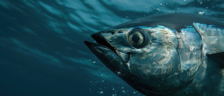Closeup Image Of Thunnus Thynnus, A Magnificent Bluefin Tuna In Ocean Water. Concept Marine Wildlife Photography, Bluefin Tuna Closeup, Underwater Wildlife, Oceanic Biodiversity.の素材