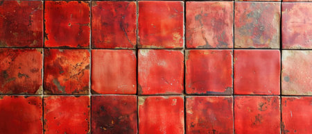 Background Of A Textured Red Tiled Wall With Vibrant, Eyecatching Patterns. Concept Vivid Tile Patterns, Texture Wall Background, Bold Color Palette, Eye-Catching Red Tiles.の素材