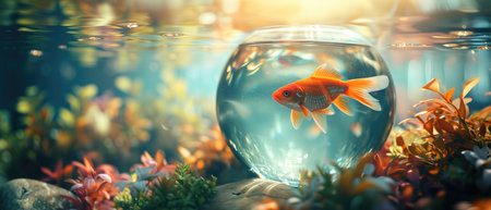 Fish Swimming In Glass Bowl In A Carefully Arranged Studio Setting. Concept Studio Fish Photography, Artistic Fish Portraits, Aquatic Still Life, Captivating Underwater Scenes.の素材