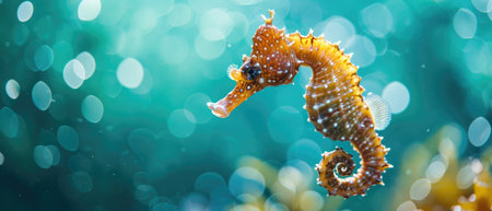 Ocean Wildlife Graceful Seahorse Hippocampus Gracefully Glides Through Turquoise Waters. Concept Ethereal Underwater Creatures, Majestic Seahorses, Turquoise Ocean, Graceful Glides.の素材