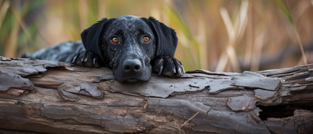 Canine Enjoying A Serene Moment Perched On A Rustic Log.の素材