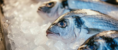 Fresh Gilthead Fish On Ice, Showcased At A Vibrant Seafood Market. Concept Fresh Catch, Vibrant Seafood Market, Gilthead Fish, Ice Display, Showcase.の素材