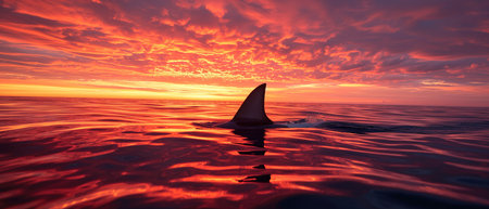 Shark Fin Majestically Emerges From The Calm Ocean Beneath A Dramatic Sky. Concept Underwater Coral Reefs, Serene Beach Sunsets, Lush Forest Landscapes, Majestic Mountain Peaks.の素材