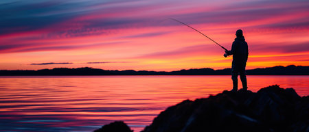 Silhouetted Fisherman Casting Rod Against Vibrant Sunset Backdrop, Embracing Tranquility And Serenity. Concept Sunset At The Beach, Fishing At Dusk, Serene Silhouettes, Casting Into The Sunset.の素材