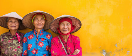 Vietnamese Women Showcase Their Culture Against A Vibrant Yellow Backdrop. Ð¡oncept Traditional Vietnamese Fashion, Cultural Props, Yellow Backdrop, Elegance And Grace.の素材