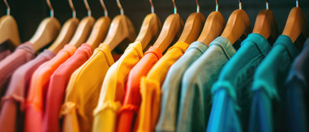 Vibrant Wardrobe Selections: Colorful Outfits Displayed In Closets Or Shopping Mall Ad. Ð¡oncept Creative Food Styling, Natural Landscapes, Urban Street Photography, Candid Moments.の素材