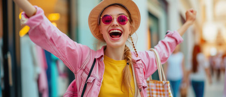 Energetic Girl Joyfully Shops In A Retro Pink Outfit, Celebrating Great Bargains. Concept Vibrant Summer Fashion, Retro Shopping Spree, Stylish Bargain Finds, Energetic Outfit Inspiration.の素材