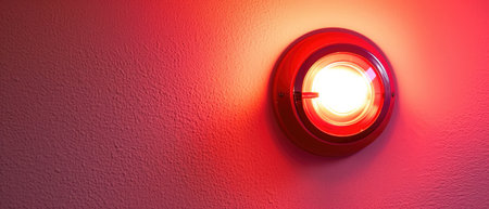 A Red Fire Alarm With A Glowing Light Against A White Wall. Concept Red Fire Alarm, Safety Equipment, Emergency Preparedness, Wall-Mounted Devices, Illuminated Signage.の素材