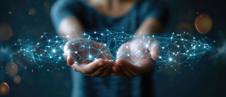 A Person Holds AD Representation Of A Network Connection Data. Concept Virtual Network Connection, Data Visualization, Technology Representation, Network Infrastructure, Connectivity Symbol.の素材