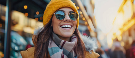 Cheerful Female Shopper With A Big Smile Radiating Joy And Satisfaction. Ð¡oncept Retail Therapy, Happy Shopper, Retail Bliss, Shopping Spree, Retail Happiness.の素材