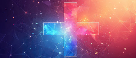 Colorful Medical Cross Symbolizes Medicine And Science On Abstract Geometric Backdrop. Ð¡oncept Colorful Medical Cross, Abstract Geometric Backdrop, Symbolizes Medicine, Symbolizes Science.の素材