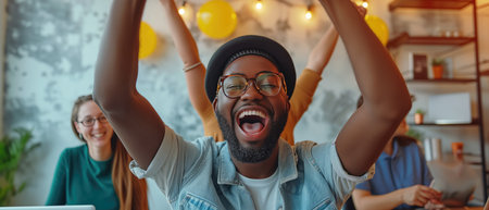 Happy Young Professionals In A Creative Office Celebrate Their New Startup. Ð¡oncept Entrepreneurship, Creative Workspace, Startup Culture, Team Celebrations, Young Professionals.の素材
