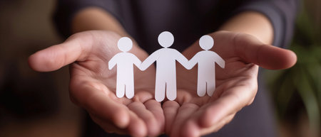 Human Cutouts Sheltered By Hands Symbolizing Insurance And Protection. Ð¡oncept Insurance And Protection, Human Cutouts, Sheltered By Hands, Symbolism, Safety.の素材