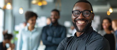 Diverse Business Leader Guiding A Successful, Happy Team In Innovative Office Environment. Concept Work-Life Balance, Effective Communication, Collaboration, Employee Engagement.の素材