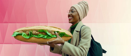 Happiness African Yearold Woman Eats Sub Sandwich On Pastel Background. Concept Picnic In The Park, Delicious Sandwich Delight, Vibrant Summer Outfit, Smiling With Every Bite, Joyful Moments Outdoors.の素材